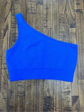 OQQ One-Shoulder Ribbed Crop Top - Colbot Blue Size Small